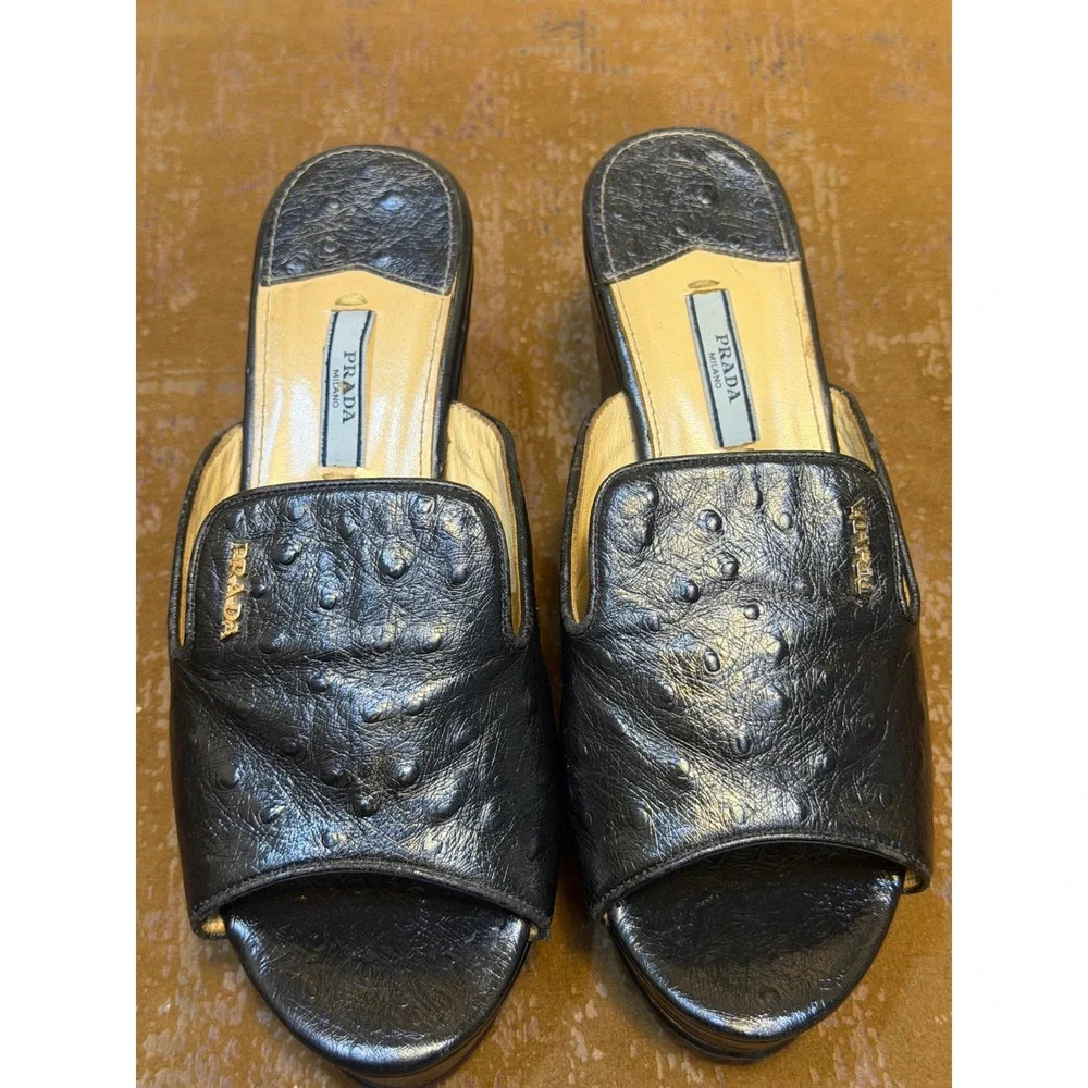 Prada Black Ostrich Embossed Leather Platform Wedge Mules Sandals 39 109-2